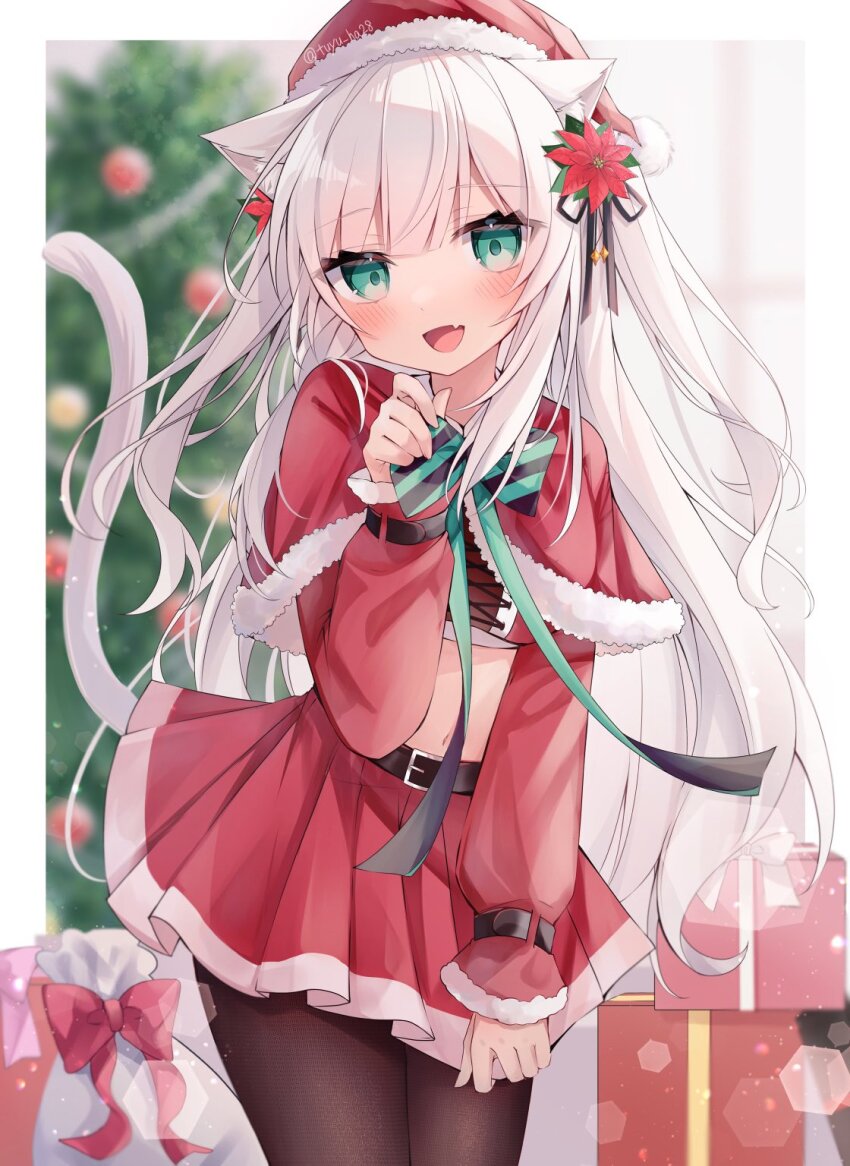 1girl, :d, animal_ears, aqua_eyes, belt, black_pantyhose, blurry, cat_ears