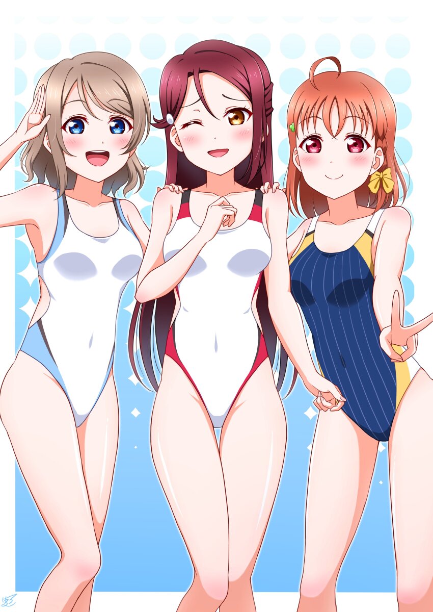 3girls, :d, ;d, absurdres, ahoge, bare_arms, bare_legs, blue_eyes, blue_one-piece_swimsuit, blush, bow, breasts, brown_hair, closed_mouth, clover_hair_ornament, collarbone, competition_swimsuit, covered_navel, hair_between_eyes, hair_bow, hair_ornament, hairclip, hand_on_another's_shoulder, haruharo_(haruharo_7315), highres, long_hair, looking_at_viewer, love_live!, love_live!_sunshine!!, medium_breasts, multiple_girls, one-piece_swimsuit, one_eye_closed, open_mouth, red_eyes, red_hair, sakurauchi_riko, salute, small_breasts, smile, standing, striped_clothes, striped_one-piece_swimsuit, swimsuit, takami_chika, thigh_gap, v, vertical-striped_clothes, vertical-striped_one-piece_swimsuit, watanabe_you, white_one-piece_swimsuit, yellow_bow, yellow_eyes