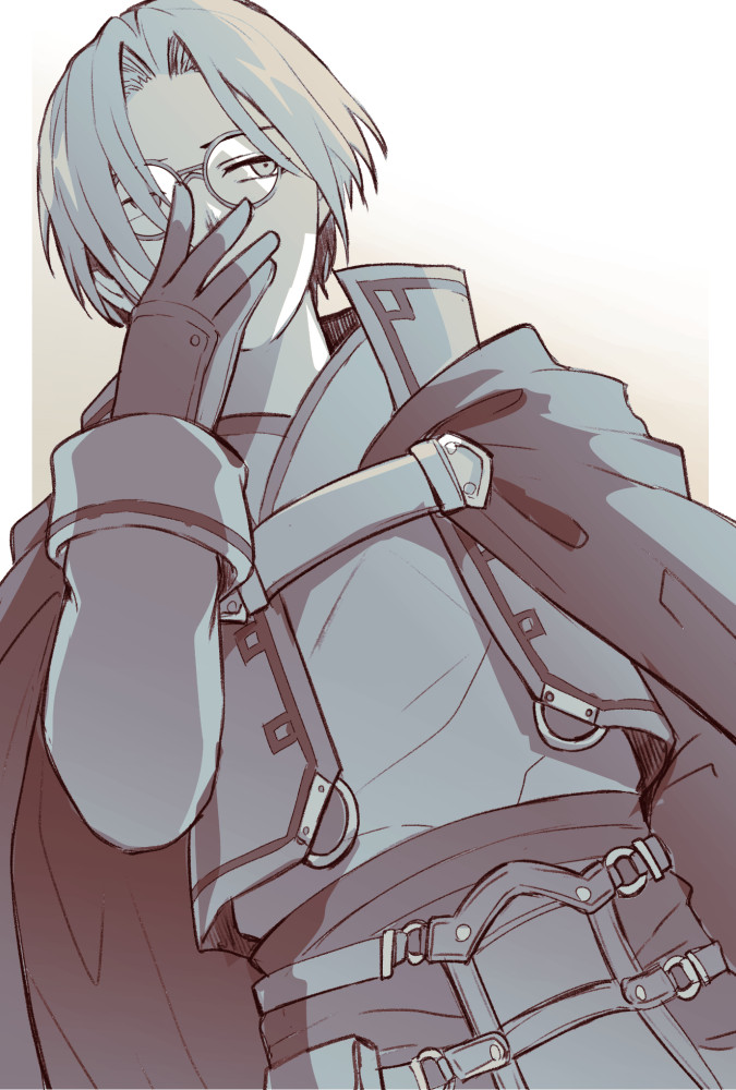 1boy, adjusting_eyewear, cape, glasses, gloves, lezard_valeth, limited_palette, male_focus