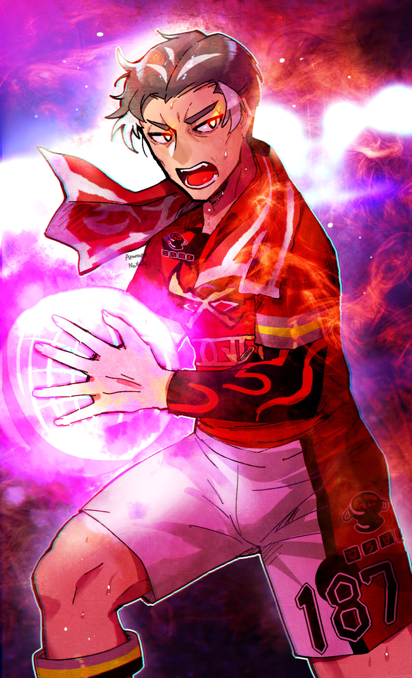 1boy, araragi_natsuki, commentary_request, dynamax_ball, fire, grey_hair, highres, kabu_(pokemon)