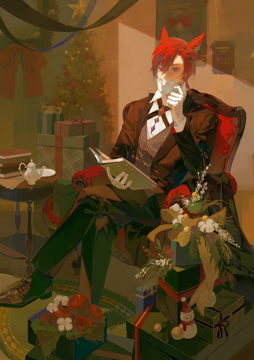 1boy, absurdres, alternate_costume, animal_ears, apple, armchair, black_jacket, black_pants