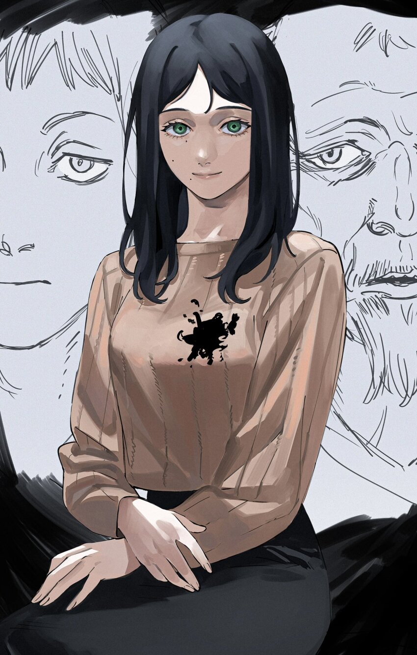 1girl, 2boys, atheko, beard, black_hair, black_skirt, brown_sweater, chainsaw_man, facial_hair, green_eyes, highres, long_hair, looking_at_viewer, mole, mole_under_eye, mole_under_mouth, monochrome_background, multiple_boys, multiple_moles, santa_claus_(chainsaw_man), santa_claus_of_germany_(chainsaw_man), short_hair, skirt, smile, sweater, tolka_(chainsaw_man), unfinished, white_hair