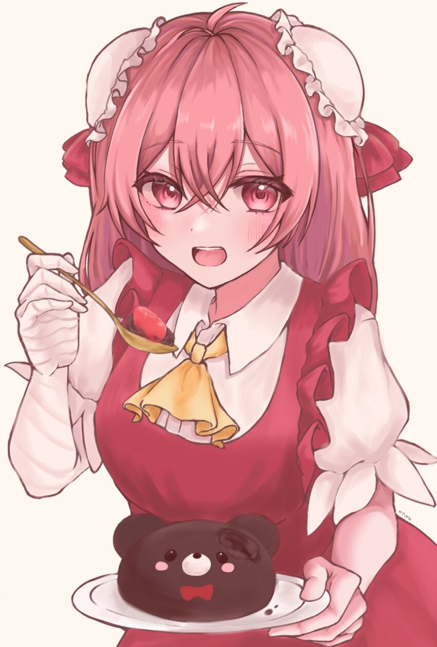 1girl, :d, alternate_costume, ascot, bandaged_arm, bandages, blush, breasts, cake, double_bun, food, frills, from_above, gold_spoon, hair_between_eyes, hair_bun, hand_up, happy, highres, holding, holding_plate, holding_spoon, ibaraki_kasen, large_breasts, long_hair, looking_at_viewer, open_mouth, pink_eyes, pink_hair, plate, puffy_short_sleeves, puffy_sleeves, short_sleeves, simple_background, smile, solo, spoon, teeth, tongue, touhou, tuyu_iro, upper_teeth_only, white_background, wing_collar, yellow_ascot