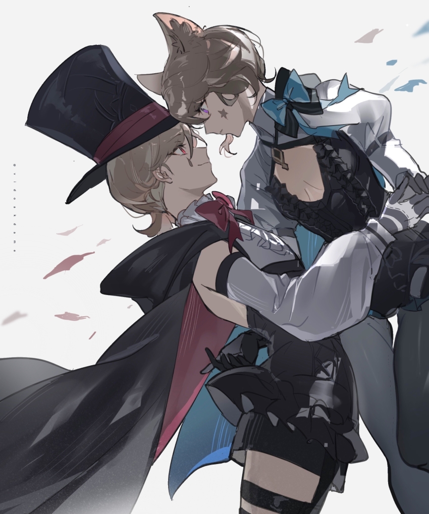 1boy, 1girl, animal_ear_fluff, animal_ears, artist_name, black_cape, black_headwear, black_leotard