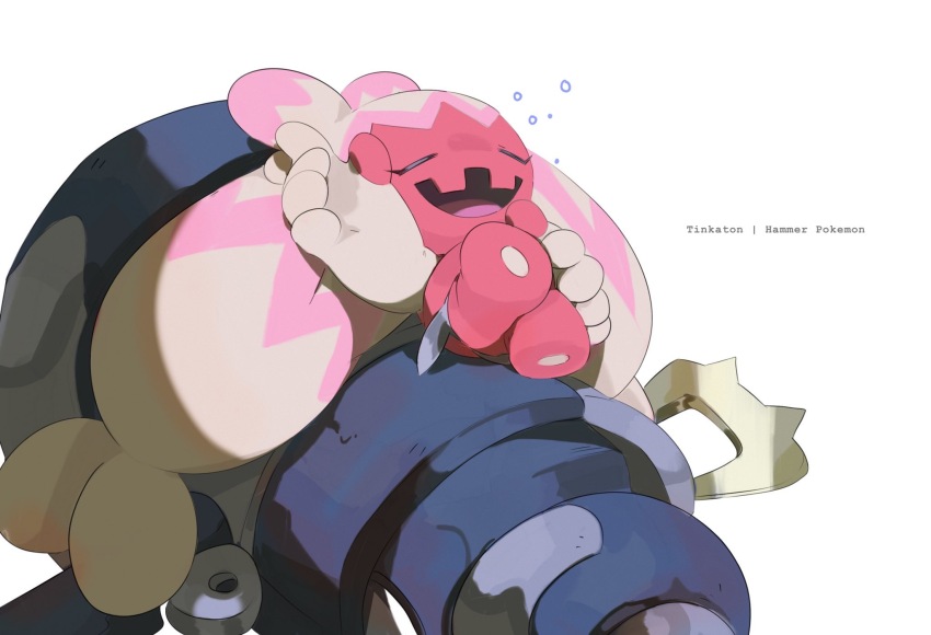 1girl, bubble, character_name, colored_skin, hammer, hand_on_own_hip, highres, huge_weapon, kel-del, long_hair, lying, monster_girl, nintendo, no_humans, open_mouth, pink_hair, pink_skin, pokemon, pokemon_(creature), sleeping, squeans, tinkaton, twintails, weapon