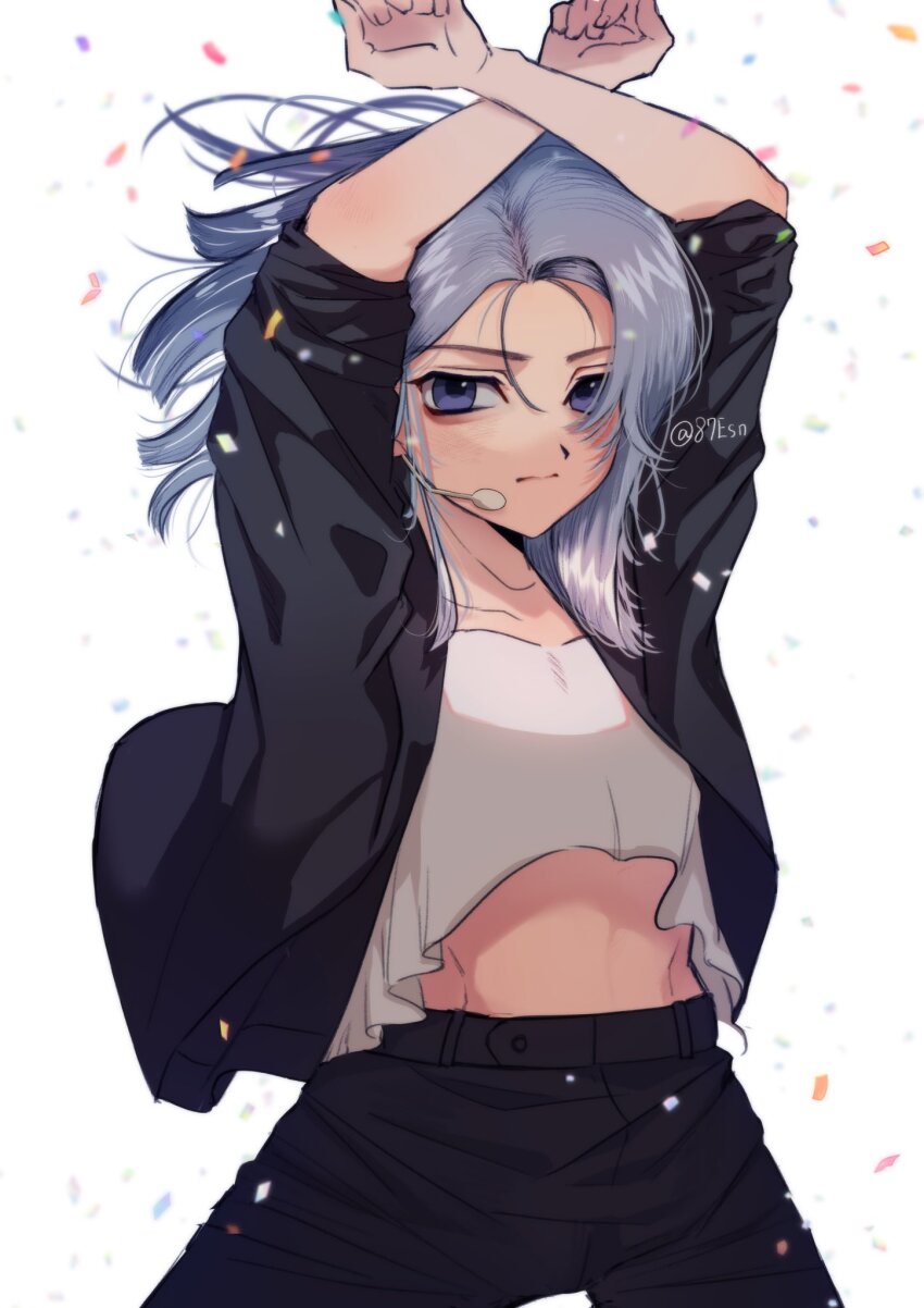 1girl, 87esn, animification, arms_up, black_jacket, black_pants, blue_eyes, confetti