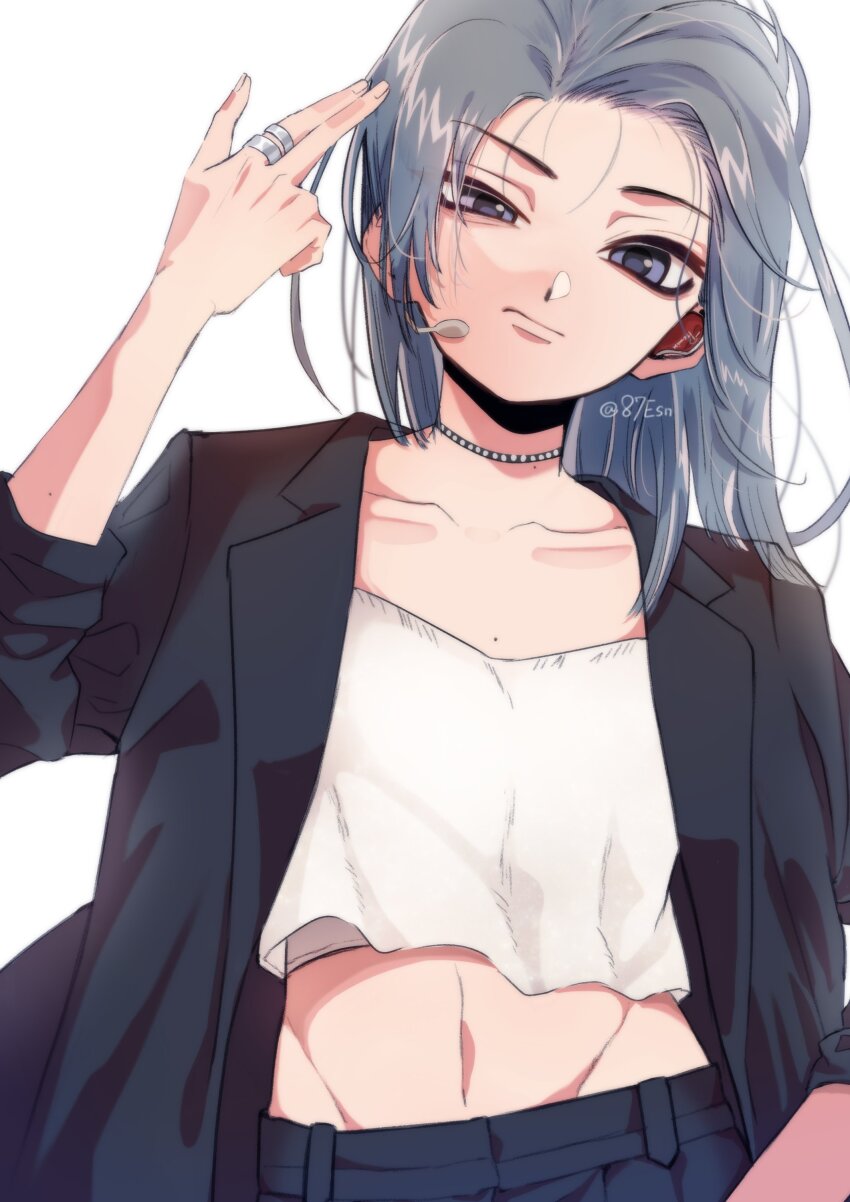 1girl, 87esn, absurdres, animification, black_choker, black_jacket, black_pants, blue_eyes, choker, collarbone, finger_gun, frown, girls_planet_999, grey_hair, head_tilt, headset, highres, jacket, jewelry, looking_at_viewer, midriff, multiple_rings, navel, pants, real_life, ring, shirt, solo, su_ruiqi, white_background, white_shirt