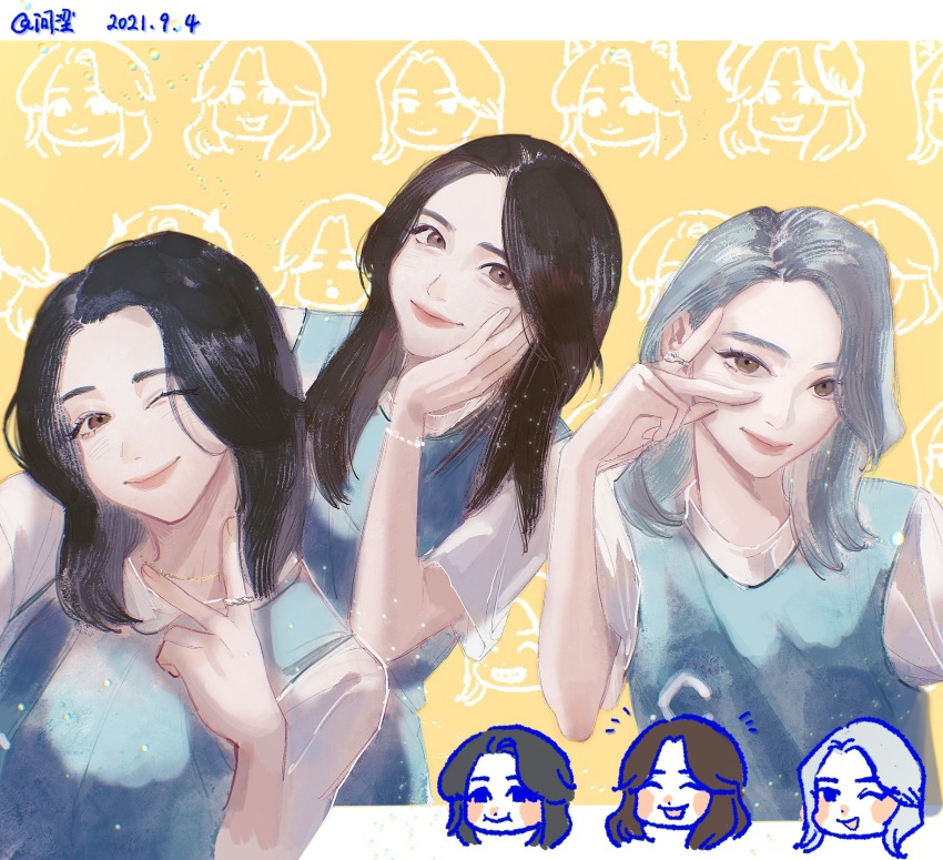 3girls, black_eyes, black_hair, blue_hair, blue_vest, brown_eyes, brown_hair, chinese_commentary