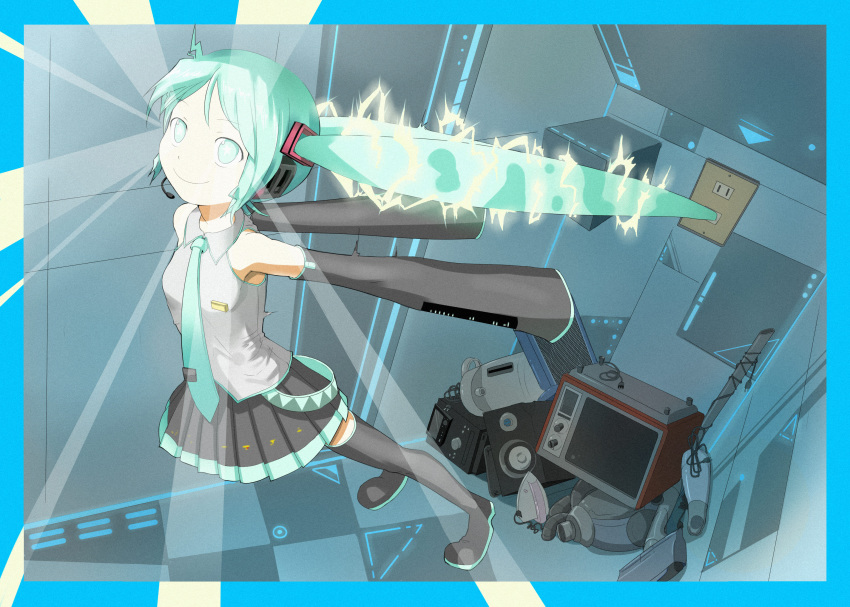 +_+, 1girl, aqua_eyes, aqua_hair, detached_sleeves, electricity, female_focus, glowing