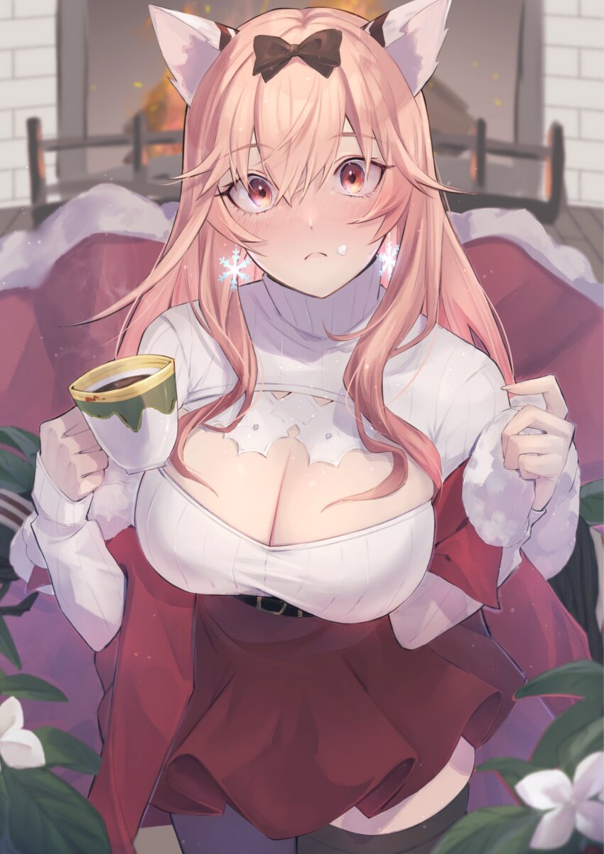 1girl, animal_ears, blush, bow, breasts, christmas, cleavage, cleavage_cutout, clothing_cutout, coffee, commentary_request, cowboy_shot, cup, earrings, fireplace, food, food_on_face, frown, girls'_frontline, girls'_frontline_neural_cloud, hair_between_eyes, hair_bow, highres, holding, holding_cup, indoors, jewelry, large_breasts, long_sleeves, looking_at_viewer, official_alternate_costume, persicaria_(neural_cloud), pink_eyes, pink_hair, red_skirt, ribbed_sweater, sakana-ko, skindentation, skirt, snowflake_earrings, solo, sweater, thighhighs, white_sweater