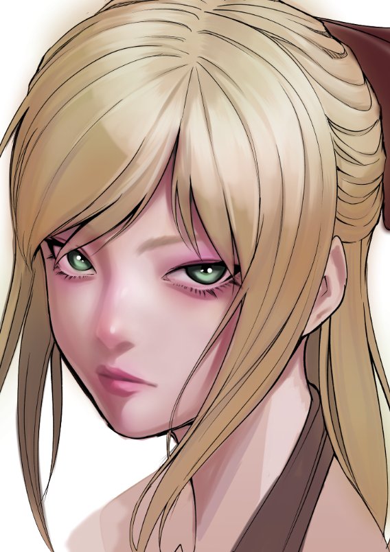 1girl, blonde_hair, bow, green_eyes, hair_bow, looking_at_viewer, lynn_(rosen_garten_saga), medium_hair