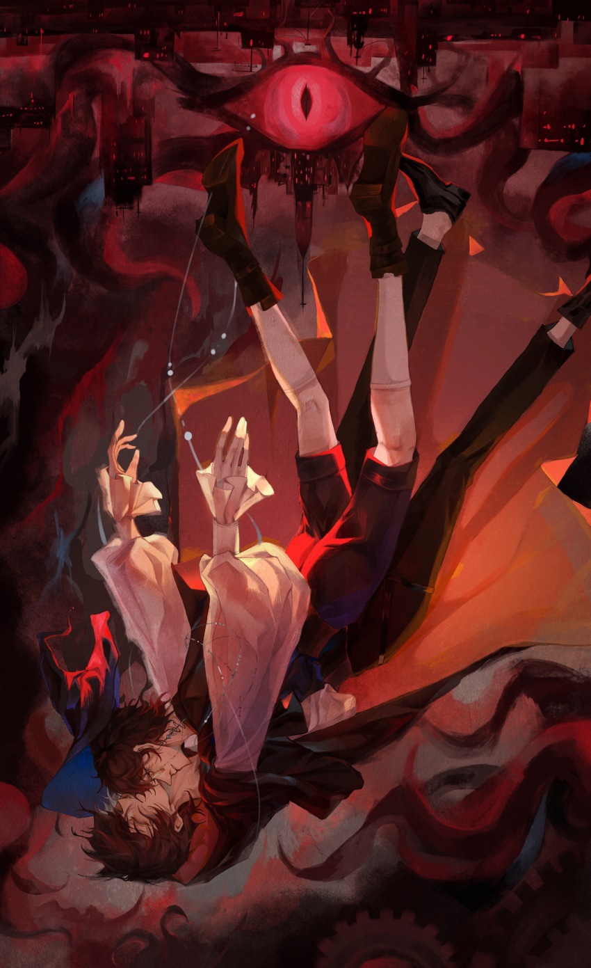 2boys, absurdres, amon_(lord_of_the_mysteries), angel, black_footwear, black_hair, black_pants, building, chinese_commentary, city, city_lights, closed_eyes, colored_sclera, commentary_request, duimimi, highres, klein_moretti, lord_of_the_mysteries, monocle, multiple_boys, pants, red_sclera, red_theme, shirt, short_hair, shorts, string, tentacles, upside-down, very_big_eyes, white_shirt