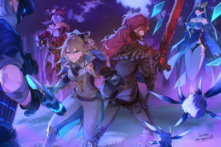 2girls, 3boys, back-to-back, black_bow, black_gloves, black_jacket, black_pants, blonde_hair