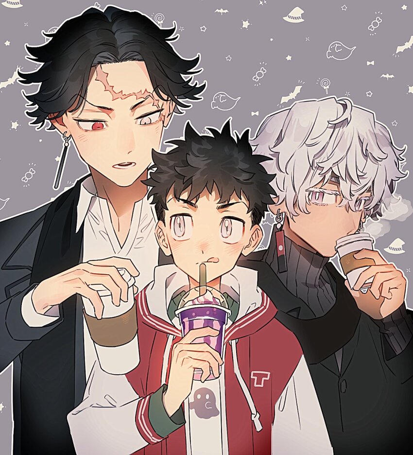 13bnc_c, 3boys, :q, black_hair, black_jacket, black_shirt, collared_shirt, cup