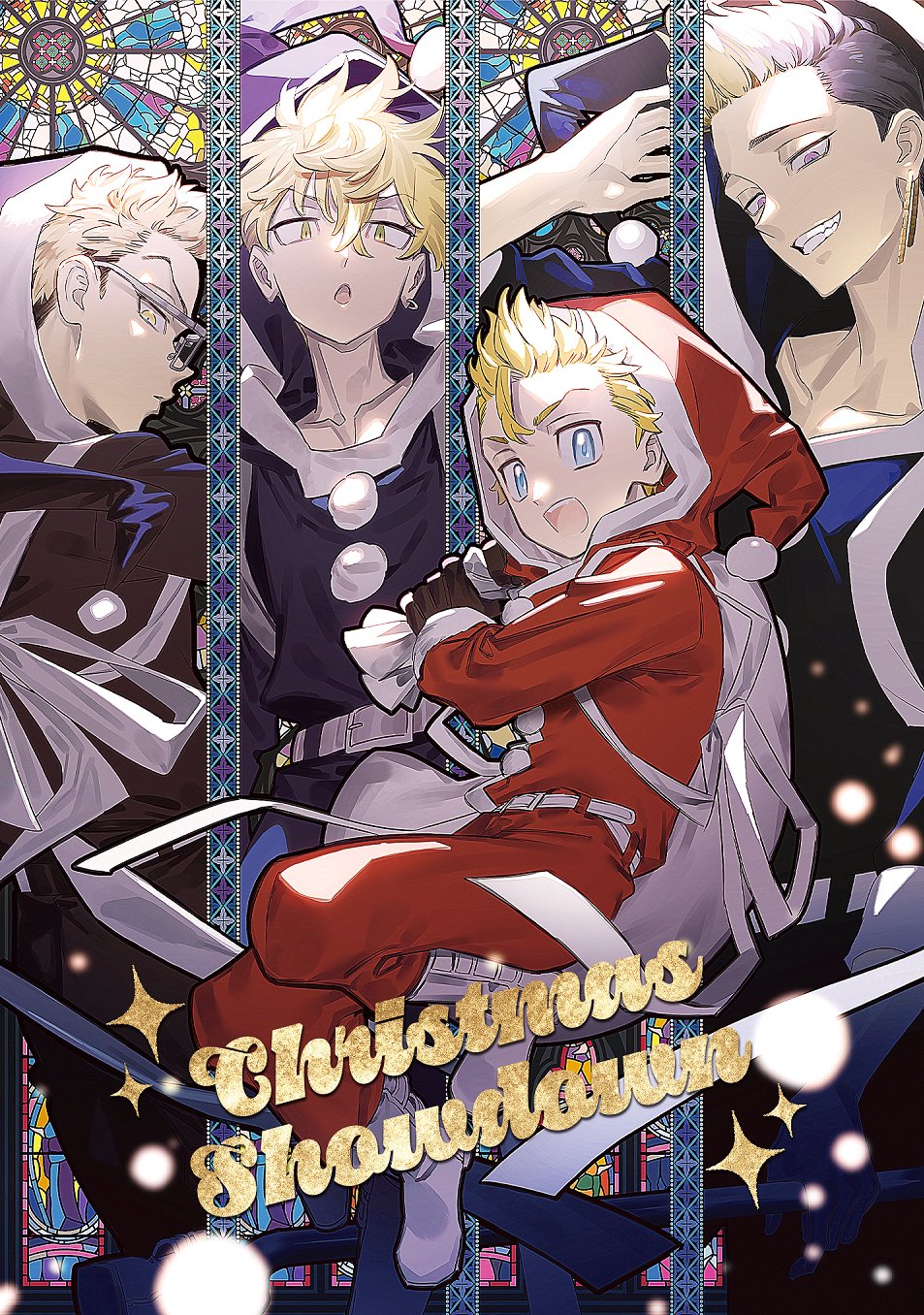 13bnc_c, 4boys, bag, belt, black_hair, black_jacket, blonde_hair, blue_eyes