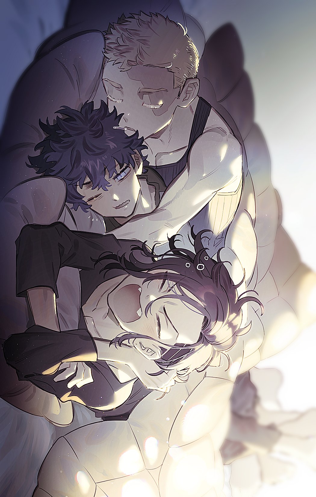 >_<, 13bnc_c, 3boys, asymmetrical_hair, black_hair, black_shirt, black_tank_top, blanket, blonde_hair, burn_scar, fangs, hair_between_eyes, hanagaki_takemichi, highres, hug, inui_seishu, kokonoi_hajime, long_sleeves, lying, male_focus, multiple_boys, on_side, on_stomach, one_eye_closed, open_mouth, pillow, scar, scar_on_face, shirt, short_hair, sleeping, tank_top, tokyo_revengers, white_shirt