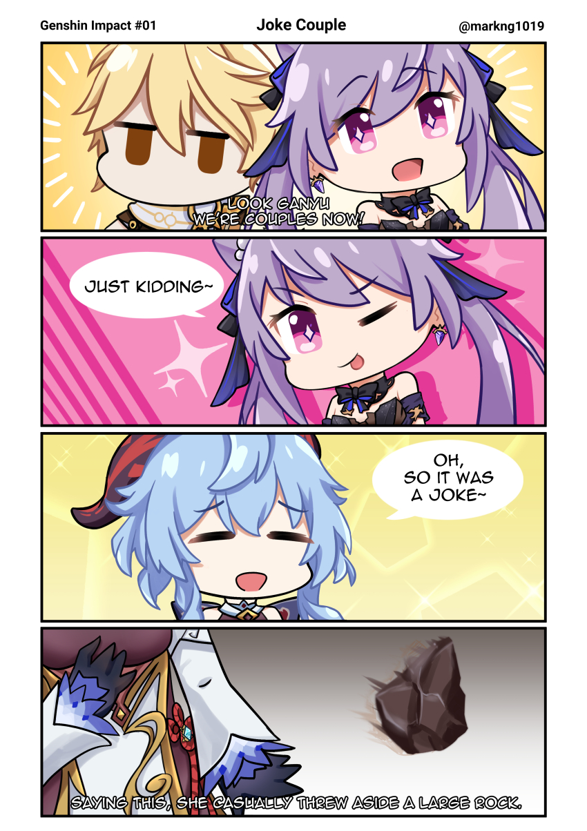1boy, 2girls, 4koma, ;p, absurdres, aether_(genshin_impact), artist_name, blonde_hair