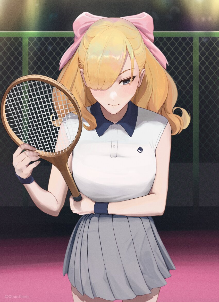 absurdres, armlet, black_eyes, blonde_hair, bow, fiona_frost, hair_bow, highres, jewelry, omochiarts, racket, sportswear, spy_x_family, tennis_racket, tennis_uniform