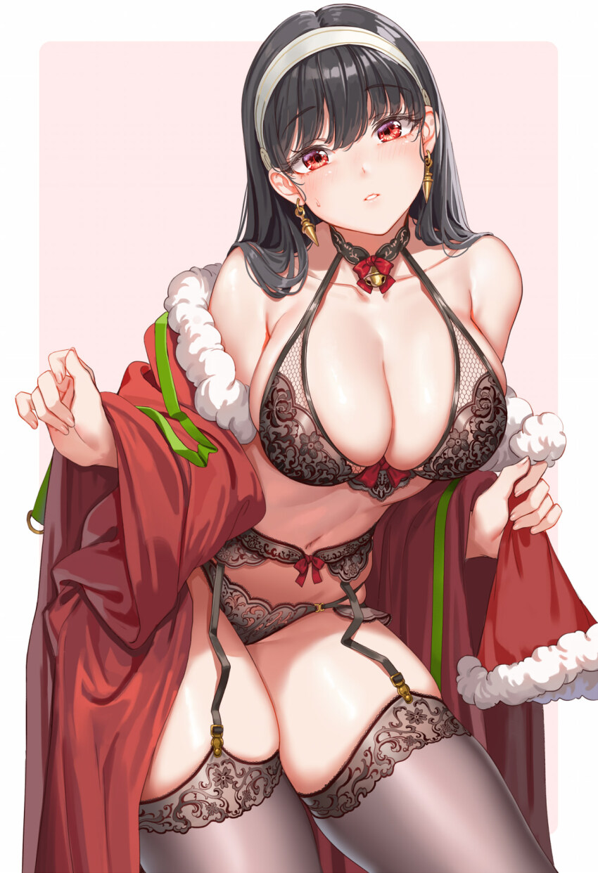 1girl, alternate_costume, bare_shoulders, bell, black_bra, black_choker, black_garter_belt, black_hair, black_panties, black_thighhighs, blush, bow, bow_bra, bowtie, bra, breasts, choker, christmas, cleavage, cowboy_shot, earrings, fishnets, fur_trim, garter_belt, gold_earrings, green_ribbon, hairband, halterneck, hat, highres, hokou_sakuran, holding, holding_unworn_clothes, holding_unworn_hat, jewelry, lace, lace-trimmed_thighhighs, lace_choker, lace_panties, lace_trim, large_breasts, leaning_forward, lingerie, long_hair, long_sleeves, looking_at_viewer, mini_bowtie, navel, neck_bell, off_shoulder, open_clothes, open_robe, panties, parted_lips, pink_background, pom_pom_(clothes), red_bow, red_bowtie, red_eyes, red_robe, ribbon, robe, santa_hat, sidelocks, simple_background, solo, spy_x_family, stomach, sweatdrop, thighhighs, thighs, two-tone_background, underwear, unworn_hat, unworn_headwear, white_hairband, wide_sleeves, yor_briar