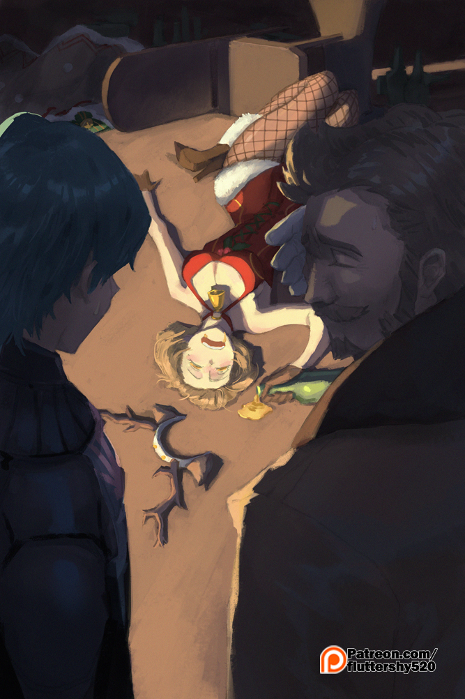 1girl, 2boys, @fluttershy520, alcohol, antlers, artist_request, bottle, male_byleth_(fire_emblem)