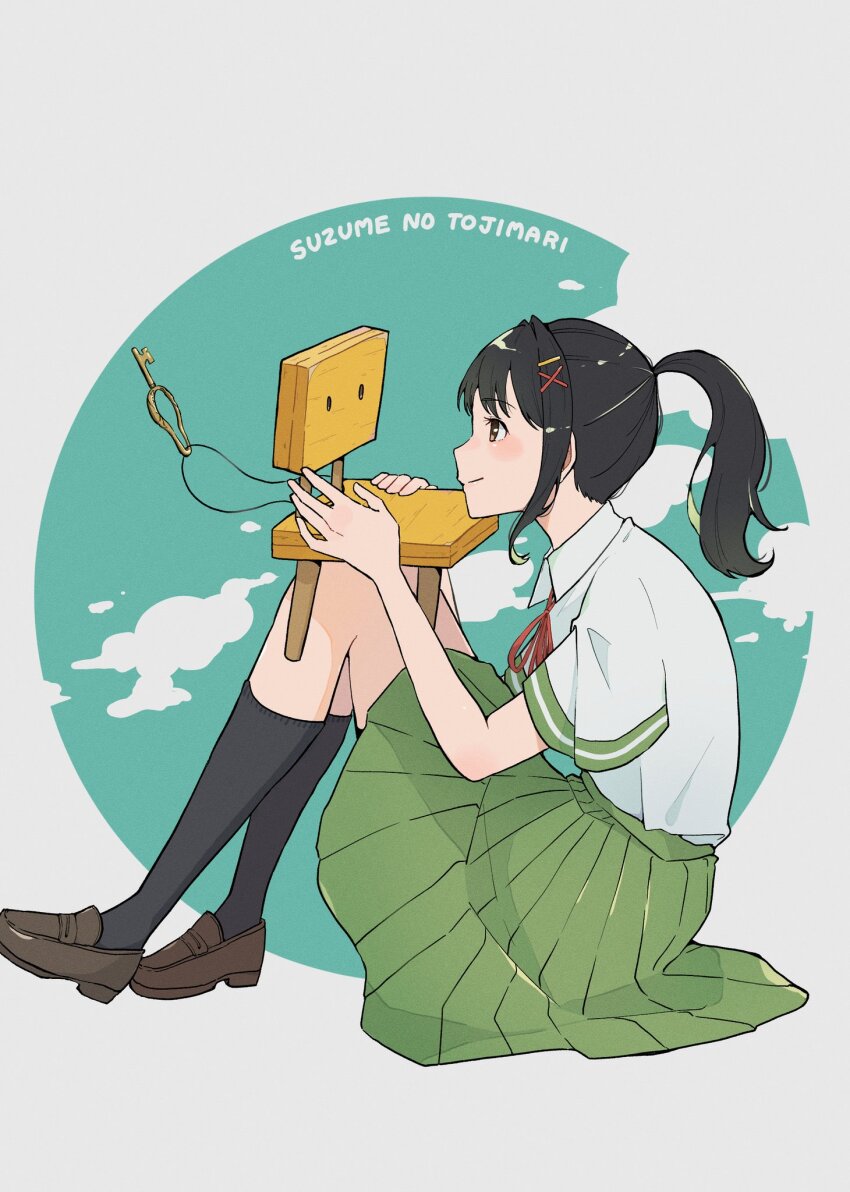 1girl, black_hair, black_socks, brown_eyes, chair, closed_mouth, cloud, collared_shirt