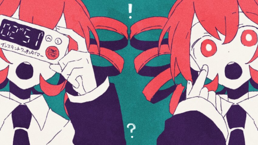 !, 2girls, ?, arusechika, black_jacket, black_necktie, bright_pupils, commentary, controller, drill_hair, film_grain, green_background, highres, jacket, kasane_teto, long_sleeves, looking_at_viewer, multiple_girls, necktie, open_mouth, pointing, pointing_at_self, red_eyes, red_hair, remote_control, short_hair, simple_background, sleeves_past_wrists, teeth, twin_drills, twintails, upper_body, upper_teeth_only, utau, white_pupils