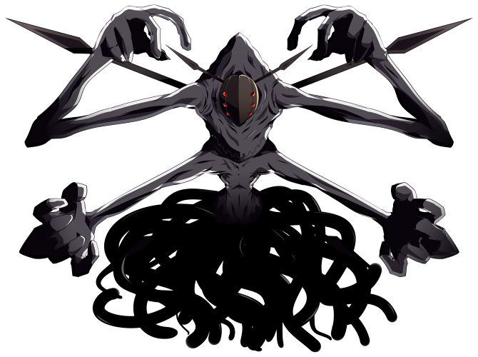 arms_up, digimon, digimon_(creature), expressionless, extra_arms, full_body, looking_at_viewer, monster, mori_no_kaeru, no_humans, quartzmon, red_eyes, solo, spikes, tentacles