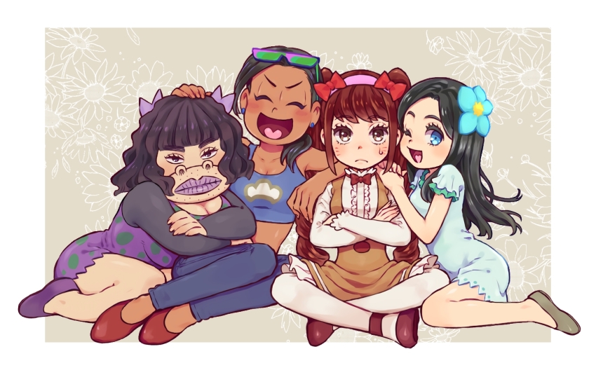 4girls, black_hair, blue_earrings, blue_eyes, bow, breasts, brown_eyes, brown_hair