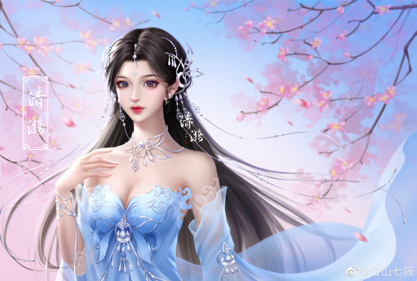 1girl, absurdres, baishan_qi_xiao, bare_shoulders, blue_dress, blue_sky, bracelet, branch