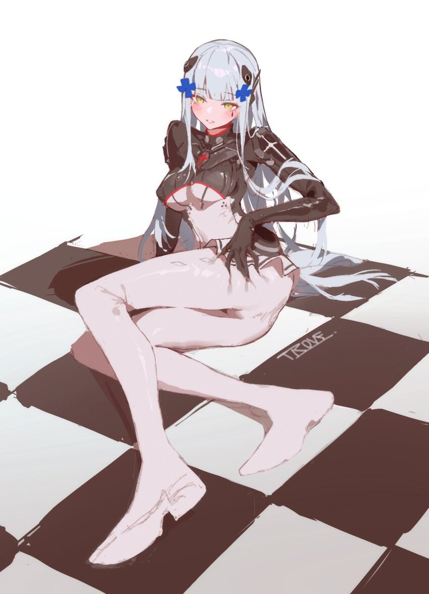 armored_bodysuit, artist_name, blunt_bangs, bodysuit, checkered_floor, cross_hair_ornament, facial_mark, girls'_frontline