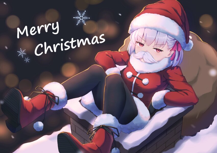 1girl, alternate_costume, black_gloves, black_pantyhose, boots, chimney, christmas, commentary