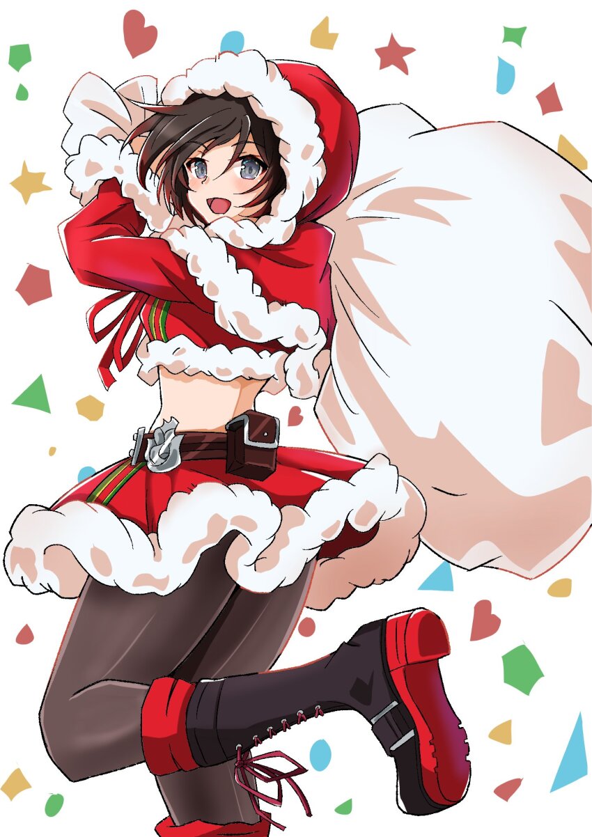 1girl, bakuma, belt_buckle, black_hair, black_pantyhose, boots, buckle, christmas, dress, fur-trimmed_dress, fur_trim, grey_eyes, highres, holding, holding_sack, hood, looking_at_viewer, multicolored_hair, pantyhose, red_hair, ruby_rose, rwby, sack, santa_costume, short_hair, solo