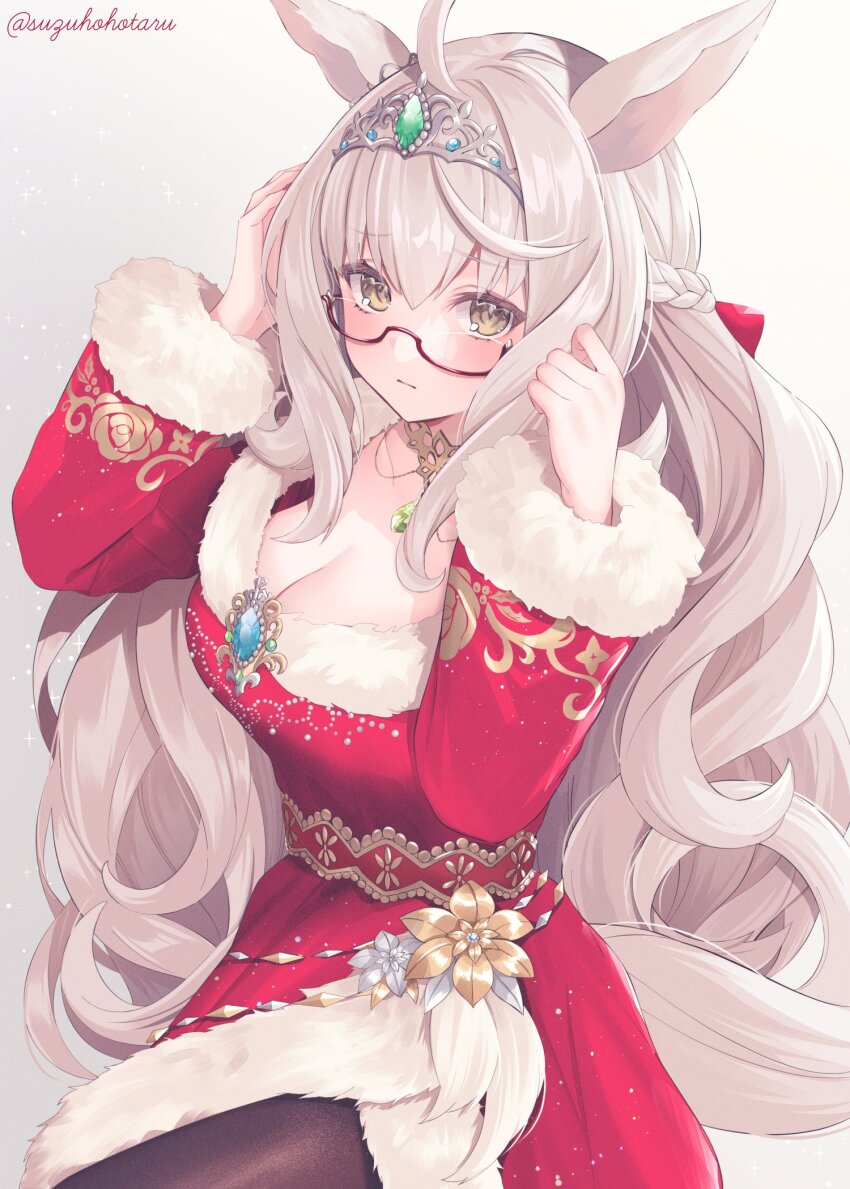 1girl, ahoge, animal_ears, biwa_hayahide_(rouge_caroler)_(umamusume), biwa_hayahide_(umamusume), blush, breasts, brown_pantyhose