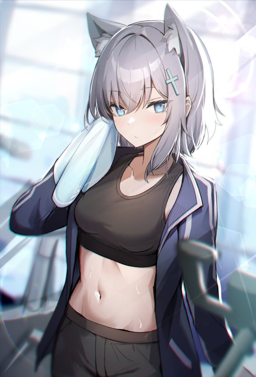1girl, :/, animal_ear_fluff, animal_ears, arm_at_side, black_pants, black_sports_bra, blue_archive
