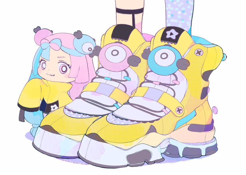 1girl, blue_hair, bow-shaped_hair, character_hair_ornament, chibi, footwear_focus, hair_ornament, highres, iono_(pokemon), jacket, long_hair, long_sleeves, multicolored_hair, nintendo, pepparmint310, pink_eyes, pink_hair, pokemon, pokemon_scarlet_and_violet, sharp_teeth, shoes, sleeves_past_fingers, sleeves_past_wrists, sneakers, standing, teeth, two-tone_hair, very_long_hair, yellow_jacket, yellow_shoes