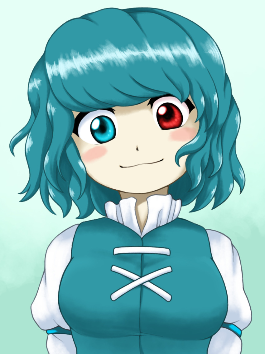 1girl, blue_eyes, blue_hair, breasts, closed_mouth, cross-laced_clothes, green_background, heterochromia