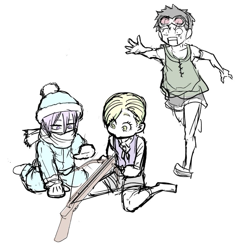 3boys, absurdres, aged_down, black_hair, blonde_hair, bow_(weapon), crossbow, dietrich_von_bern_(rosen_garten_saga), hair_between_eyes, heime_(rosen_garten_saga), highres, looking_at_object, looking_at_viewer, mittens, multiple_boys, official_art, open_mouth, outstretched_arm, purple_hair, rosen_garten_saga, scarf, short_hair, simple_background, sitting, sketch, tonouka_yousetsu, wariza, weapon, white_background, winter_clothes, witege_(rosen_garten_saga)