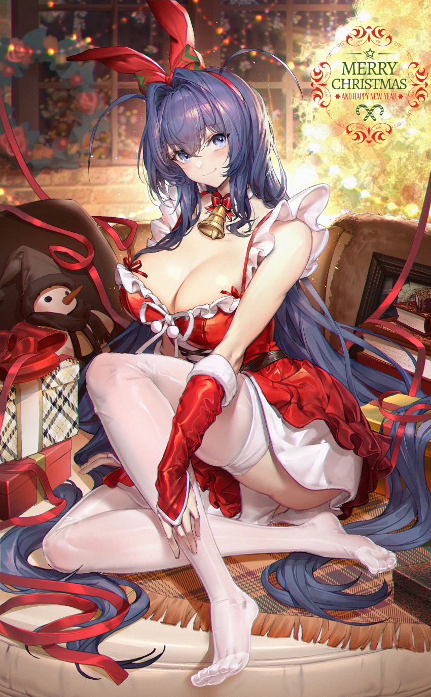1girl, absurdres, alternate_costume, azur_lane, bare_shoulders, bell, blue_eyes, blue_hair, book, box, breasts, chinese_commentary, christmas_tree, cleavage, closed_mouth, collarbone, commentary_request, couch, detached_sleeves, doll, dress, full_body, gift, gift_box, gt-apex, hair_between_eyes, hair_intakes, hair_ribbon, happy_new_year, highres, indoors, large_breasts, long_hair, looking_at_viewer, merry_christmas, neck_bell, new_jersey_(azur_lane), new_year, on_couch, red_dress, red_ribbon, red_sleeves, ribbon, rug, sidelocks, sitting, skindentation, sleeveless, sleeveless_dress, smile, solo, thighhighs, very_long_hair, white_thighhighs, window