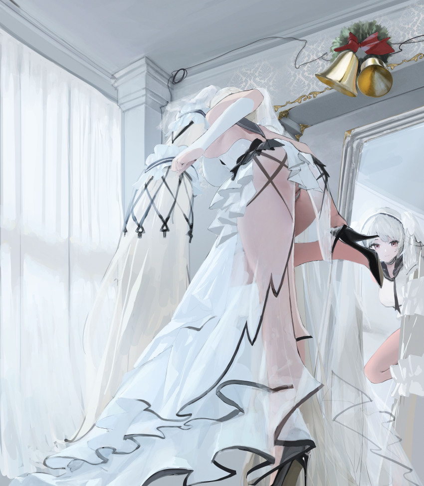 1girl, absurdly_long_hair, absurdres, ass, azur_lane, bell, black_neckerchief, black_sailor_collar, black_shoes, breasts, curtains, dress, dress_flower, feather_dress, flower, formidable_(azur_lane), formidable_(timeless_classics)_(azur_lane), from_behind, grey_hair, hair_ornament, high_heels, highres, indoors, jingle_bell, large_breasts, leaning_forward, leg_up, long_hair, lsha, mirror, neckerchief, official_alternate_costume, pumps, reflection, ribbon, sailor_collar, see-through_clothes, see-through_dress, shoes, sleeveless, sleeveless_dress, solo, standing, standing_on_one_leg, stiletto_heels, twintails, two-tone_dress, two-tone_ribbon, very_long_hair, white_dress