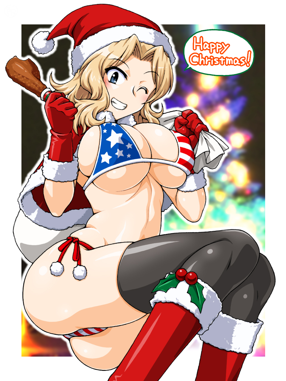1girl, american_flag, american_flag_bikini, american_flag_print, ass, bikini, black_thighhighs, blonde_hair, blue_eyes, blurry, blurry_background, boots, border, breasts, capelet, christmas, christmas_tree, commentary_request, curvy, english_text, flag_print, flag_print_bikini, food, girls_und_panzer, gloves, grin, hair_intakes, hands_up, hat, highres, holding, holding_food, holding_sack, invisible_chair, kay_(girls_und_panzer), large_breasts, medium_hair, merry_christmas, one_eye_closed, oosaka_kanagawa, pom_pom_(clothes), print_bikini, red_boots, sack, santa_boots, santa_gloves, santa_hat, side-tie_bikini_bottom, sitting, smile, solo, speech_bubble, stomach, swimsuit, thighhighs, thighs, thong, thong_bikini, turkey_leg, underboob, white_border, wide_hips