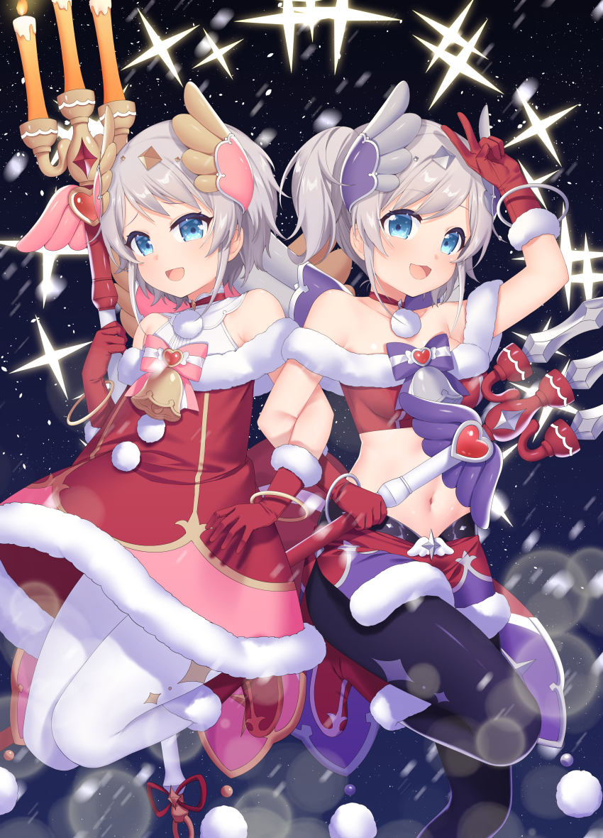 :d, absurdres, akari_(christmas)_(princess_connect!), akari_(princess_connect!), arm_up, bare_shoulders, black_pantyhose, blue_eyes, boots, breasts, candle, candlestand, choker, christmas, collarbone, commentary_request, dress, feet_out_of_frame, fire, fur-trimmed_boots, fur-trimmed_dress, fur-trimmed_gloves, fur_trim, gloves, grey_hair, highres, holding, medium_breasts, navel, off-shoulder_dress, off_shoulder, open_mouth, pantyhose, poppy_(poppykakaka), princess_connect!, red_choker, red_dress, red_footwear, red_gloves, siblings, sisters, smile, twintails, white_pantyhose, yori_(christmas)_(princess_connect!), yori_(princess_connect!)
