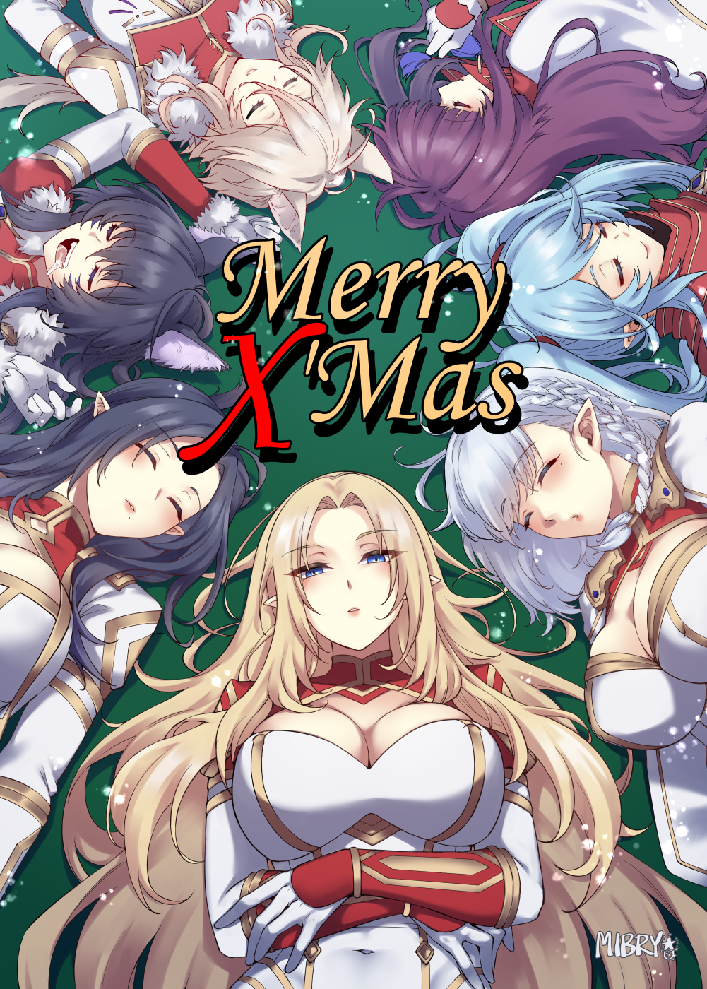 6+girls, \||/, alpha_(kagejitsu), animal_ears, arms_under_breasts, artist_name, beta_(kagejitsu), black_hair