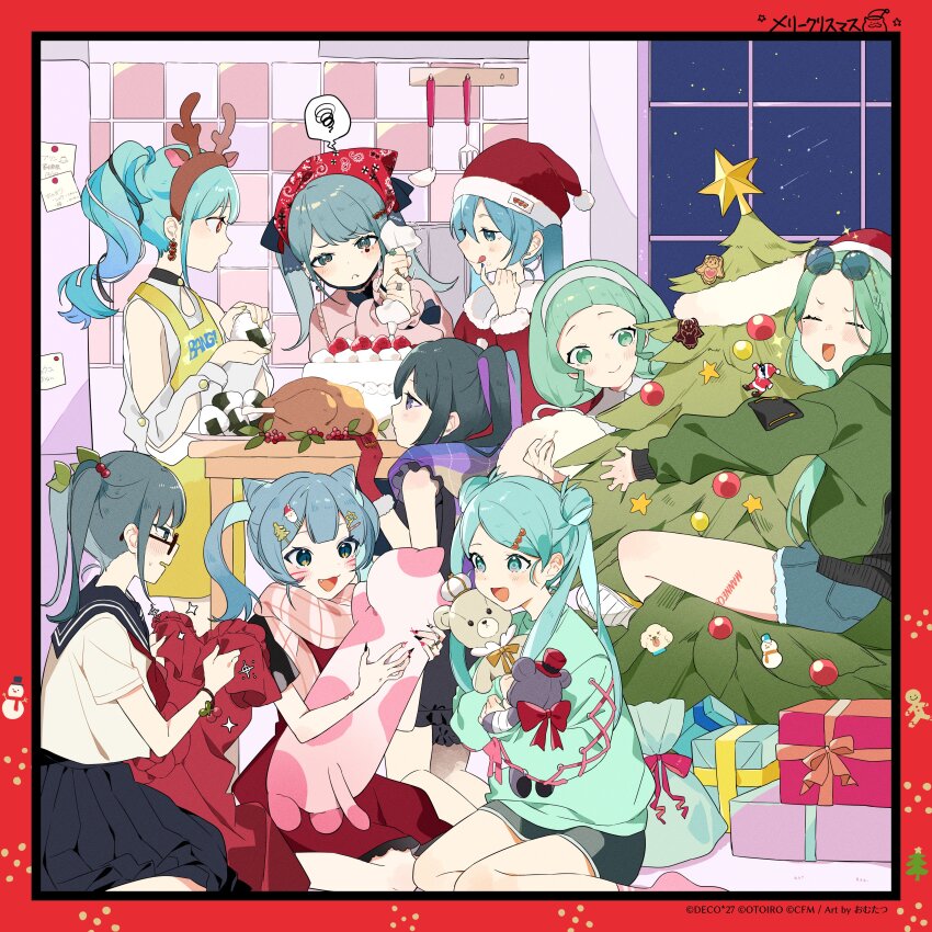 1koma, 6+girls, absurdres, animal_(vocaloid), antlers, apron, aqua_eyes, aqua_hair