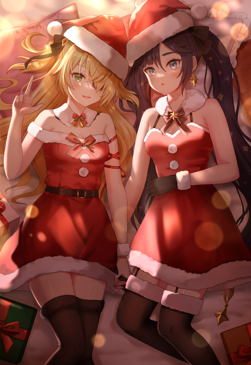 2girls, :o, absurdres, alternate_costume, arm_ribbon, bad_id, bad_pixiv_id, bare_arms