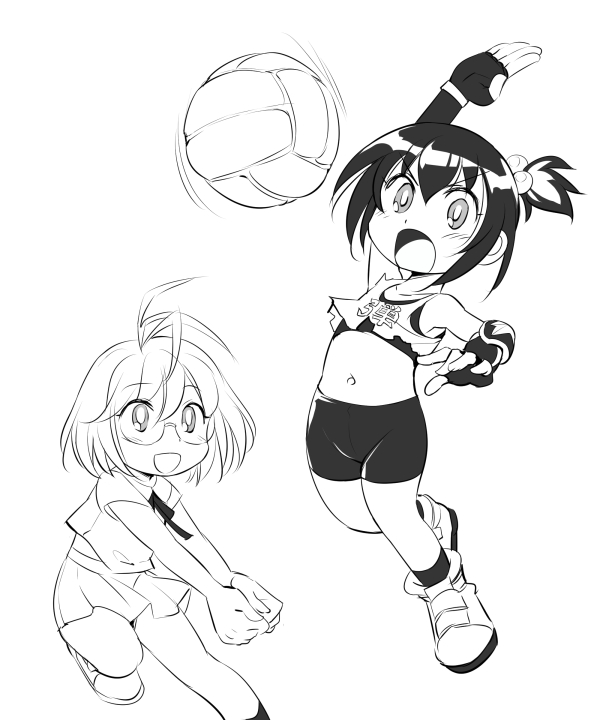 2girls, antenna_hair, ball, bike_shorts, crop_top, dodgeball, elbow_pads, fingerless_gloves