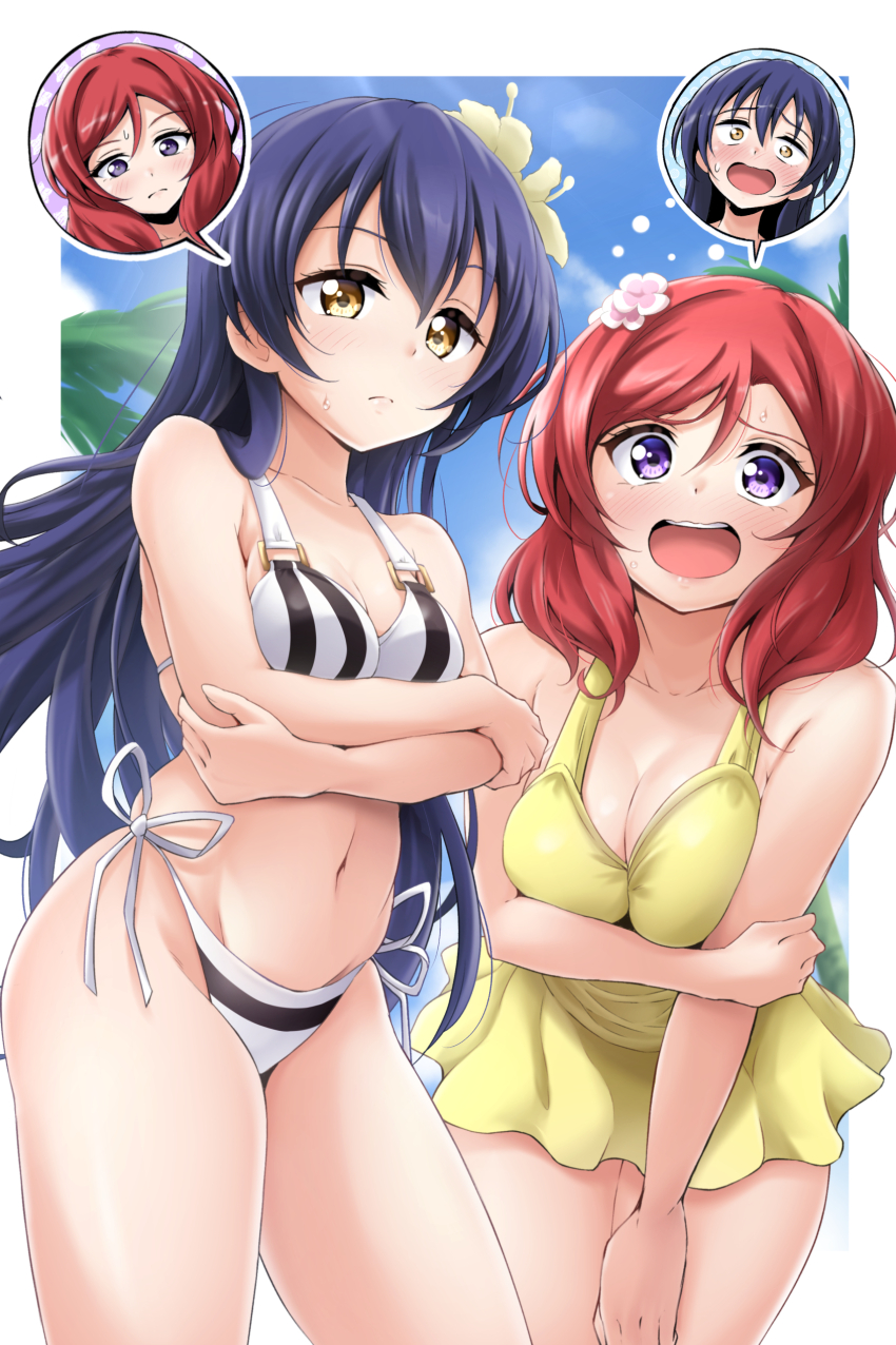2girls, absurdres, arm_under_breasts, bikini, black_bikini, blue_hair, blue_sky, blush