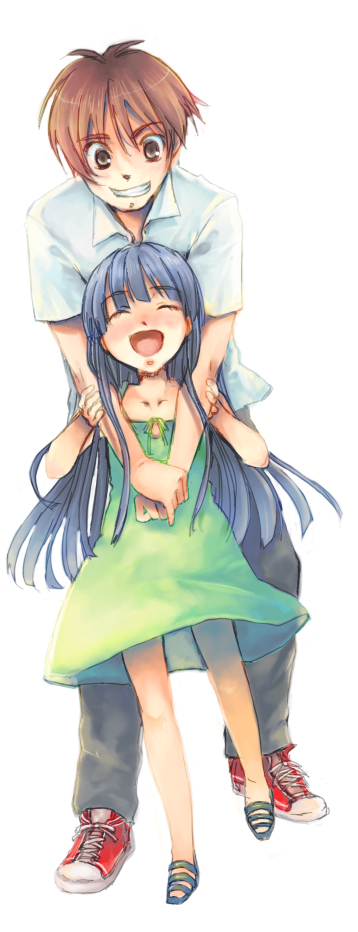 1boy, 1girl, age_difference, blue_hair, brown_eyes, brown_hair, closed_eyes, dress, full_body, furude_rika, green_skirt, height_difference, hetero, higurashi_no_naku_koro_ni, hug, ichi_(ichi.colors), ichi_(ichi404), long_hair, maebara_keiichi, short_hair, skirt, sundress, teenage_boy_and_younger_girl, white_background