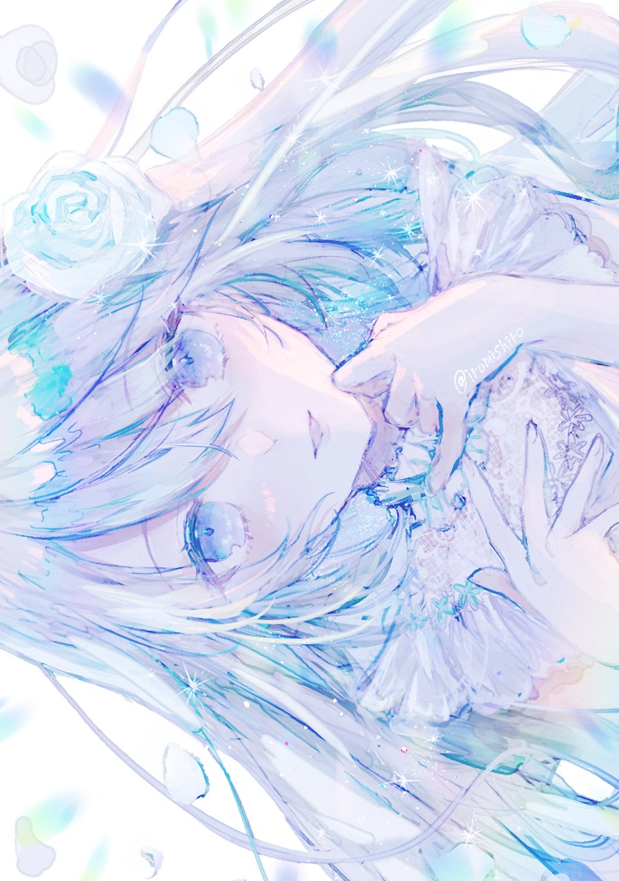 1girl, blue_theme, blurry, choker, commentary, dress, english_commentary, floral_print