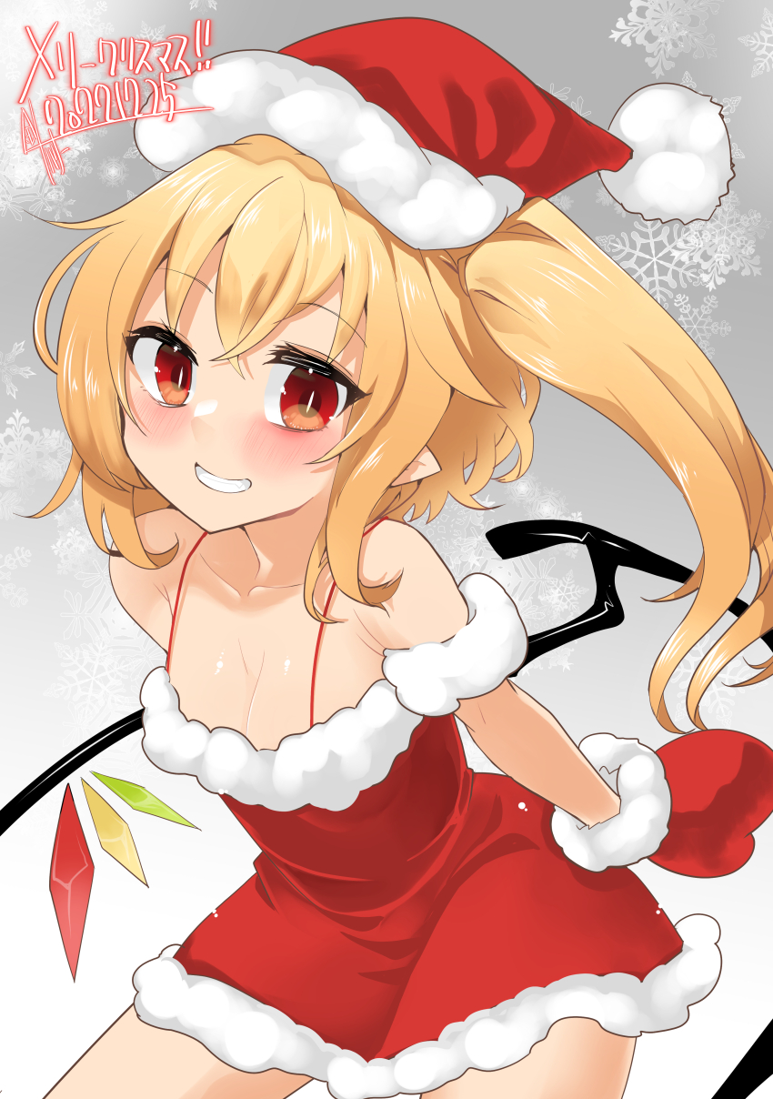 1girl, absurdres, alternate_costume, bare_shoulders, blush, breasts, christmas, cleavage