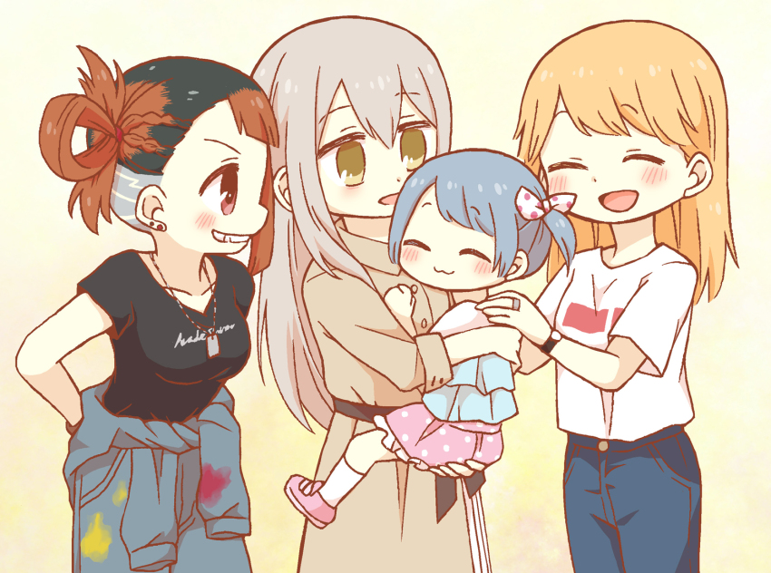 4girls, :3, :d, arms_behind_back, asymmetrical_bangs, belt, black_hair, black_shirt, blue_hair, blue_jumpsuit, blue_pants, blue_shirt, blunt_bangs, blush, bow, brown_belt, brown_dress, brown_hair, buttons, buzz_cut, carrying, carrying_person, child, closed_eyes, closed_mouth, collared_dress, cornrows, cowboy_shot, denim, dirty, dirty_clothes, dog_tags, dot_nose, dress, earrings, family, frilled_shirt, frilled_skirt, frills, grey_hair, grin, hair_between_eyes, hair_bow, hair_rings, hand_on_another's_shoulder, jeans, jewelry, jumpsuit, jumpsuit_around_waist, kasane_ao, kirari_hikaru, kirari_hikaru_(adult), kureha_yuna, kureha_yuna_(adult), long_dress, long_hair, looking_at_another, magia_record:_mahou_shoujo_madoka_magica_gaiden, mahou_shoujo_madoka_magica, medium_hair, miniskirt, multicolored_hair, multiple_girls, no_nose, ooba_juri, ooba_juri_(adult), open_mouth, orange_hair, pants, pink_shoes, pink_skirt, pocket, polka_dot, polka_dot_bow, polka_dot_skirt, red_eyes, ring, shirt, shoes, short_bangs, short_hair, simple_background, single_hair_ring, single_sidelock, skirt, smile, socks, stain, swept_bangs, t-shirt, three-quarter_sleeves, twintails, two-tone_hair, very_short_hair, watch, white_bow, white_shirt, white_socks, wristwatch, yellow_background, yellow_eyes, yuzuno_nana